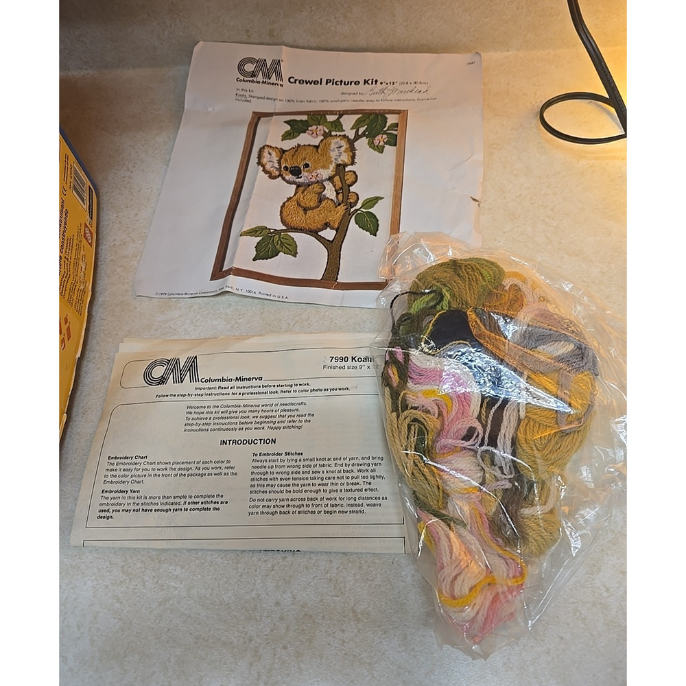 NEW Columbia Minerva Koala Crewel Picture Kit 9"x12" - Missing Wooden Circle